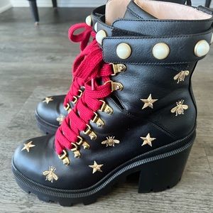 Gucci Calfskin Embroidered Lace Up Combat Ankle Boots 40 Black